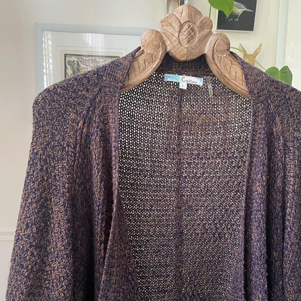 Cecico Womens Brown Navy Blue Drape Open Front Cardigan Sweater Pockets L - Picture 2 of 9